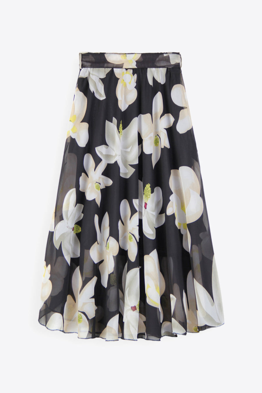 Black chiffon midi skirt with white magnolia print and belted waist