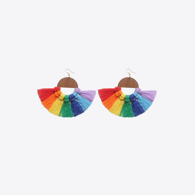 Rainbow fan tassel earrings with wooden semicircle detail and gold hooks
