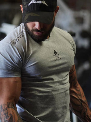 Spartan graphic muscle fit tee in gray with Japanese text detail on sleeve.