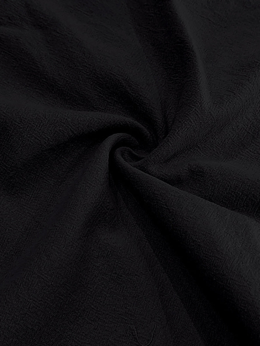 Black linen fabric with a textured weave and soft drape.