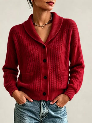 Burgundy Full Size Shawl Collar Cable Knit Cardigan