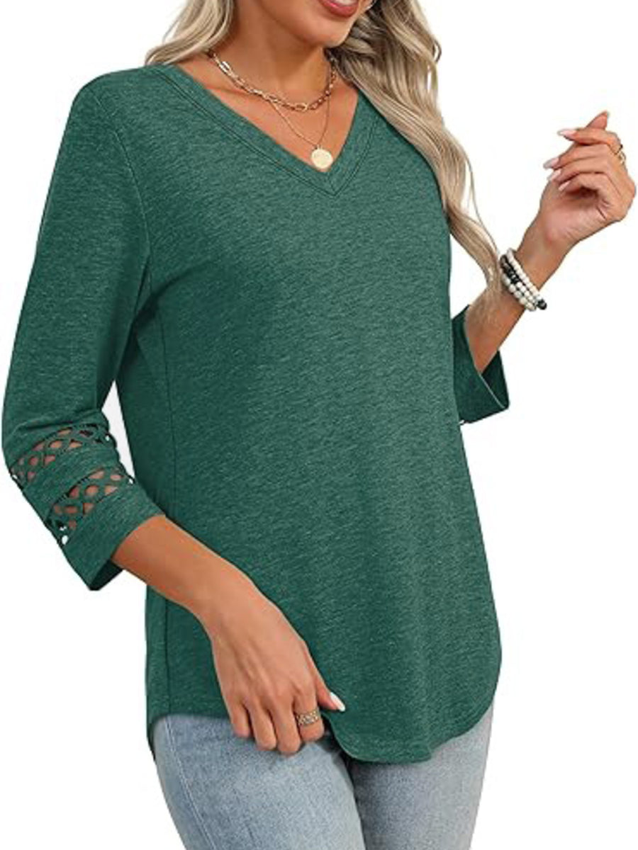 Dark green 3/4 sleeve t-shirt with V-neck and cutout detail on sleeves.