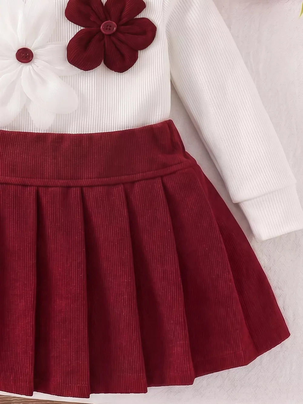 White with Children's Floral Applique Mock Neck Top And Pleated Skirt Set