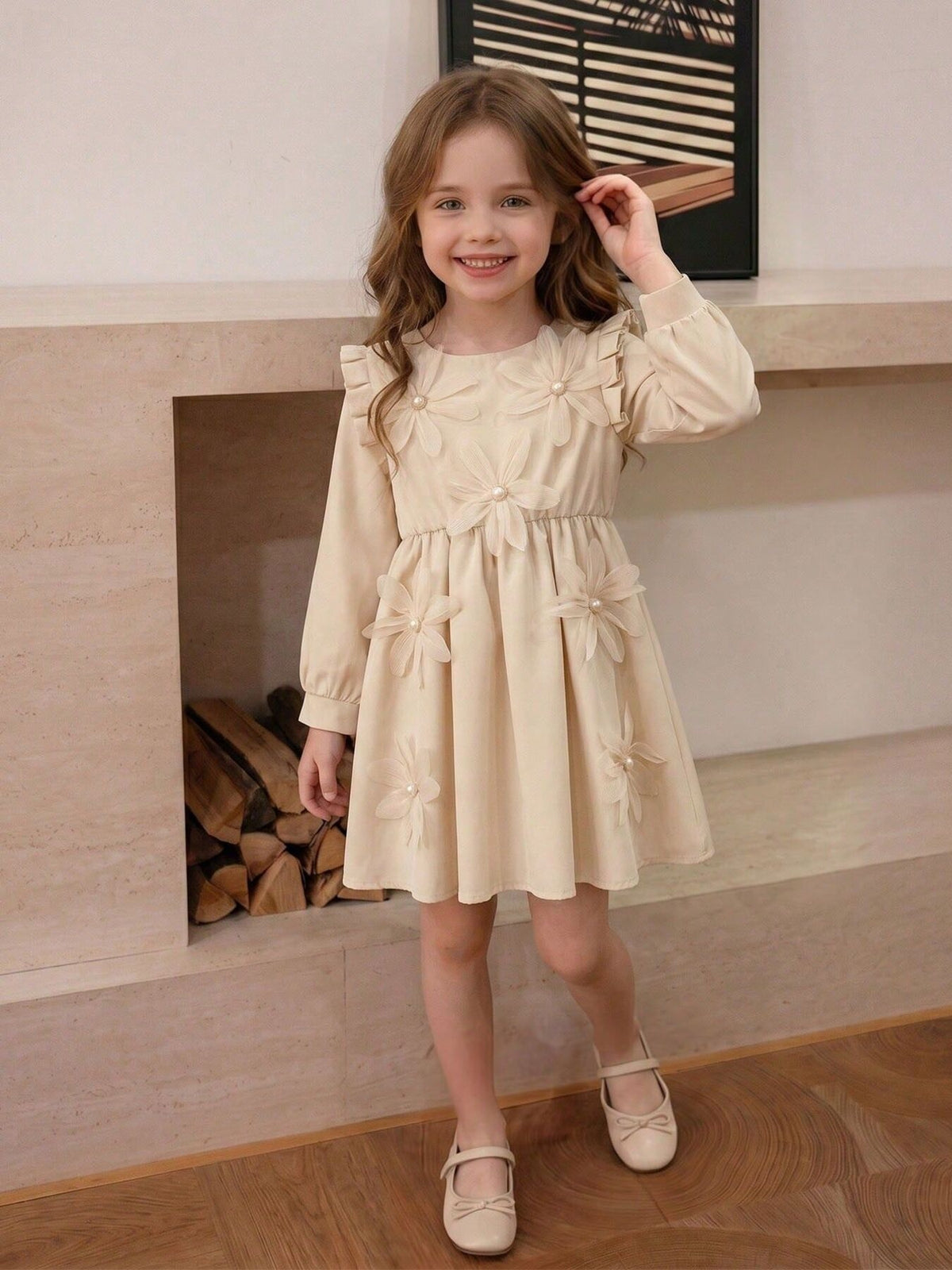 cream fit-and-flare dress with floral and round neck
