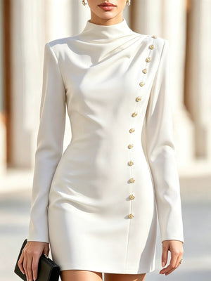 mini dress in cream featuring decorative buttons and bodycon fit