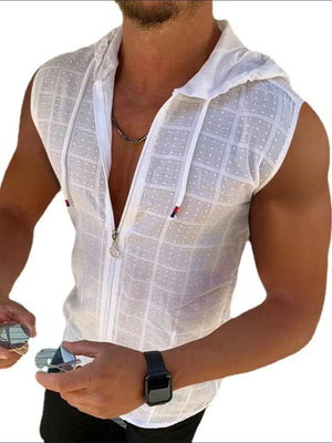 White textured sleeveless zip-up hooded vest with a subtle grid pattern and drawstring hood.