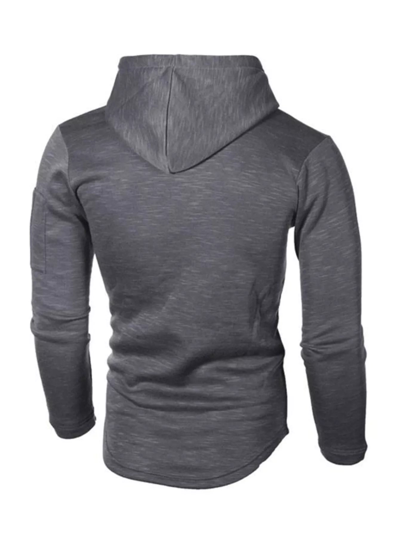 Gray slim fit long-sleeve hoodie with a drawstring and a pocket detail on the sleeve.
