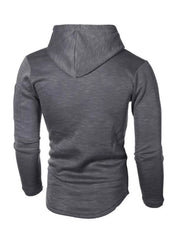 Gray slim fit long-sleeve hoodie with a drawstring and a pocket detail on the sleeve.
