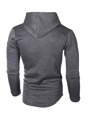 Gray slim fit long-sleeve hoodie with a drawstring and a pocket detail on the sleeve.