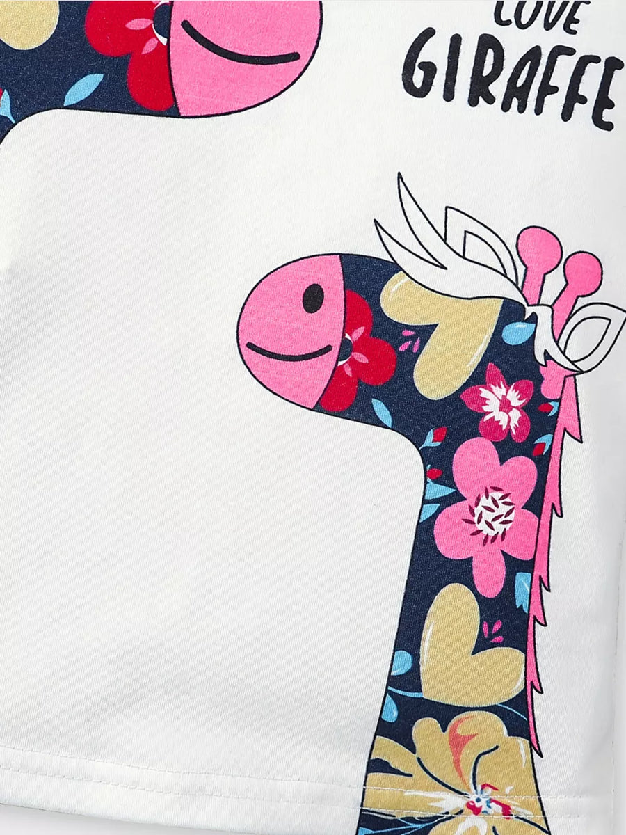 White cotton tee with playful floral giraffe print and "Love Giraffe" text.