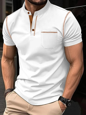 White polo shirt with mandarin collar, contrast stitching, and chest pocket.
