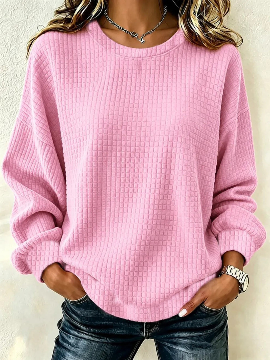 light pink sweatshirt with waffle-knit and crew neck