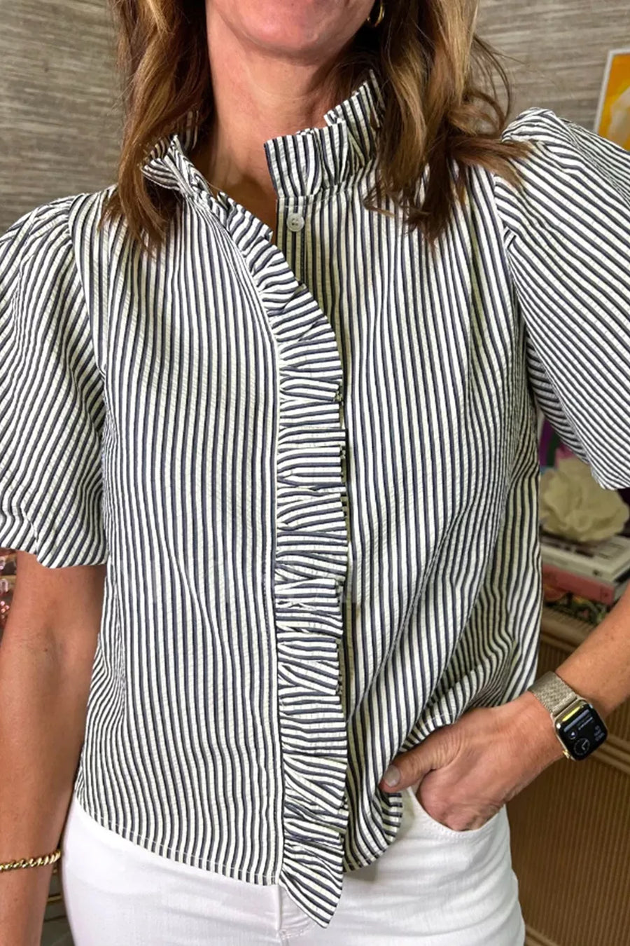 Maternity striped ruffle detail shirt with puff sleeves and button front.
