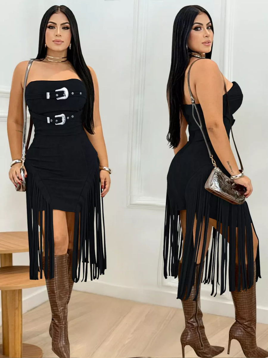 Black asymmetrical fringe dress with double buckle detail and strapless neckline.