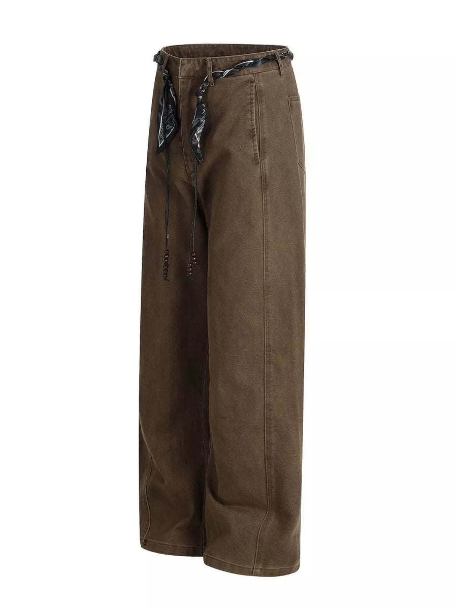 Belted wide-leg maternity pants in dark brown with a patterned tie belt and beaded drawstring.