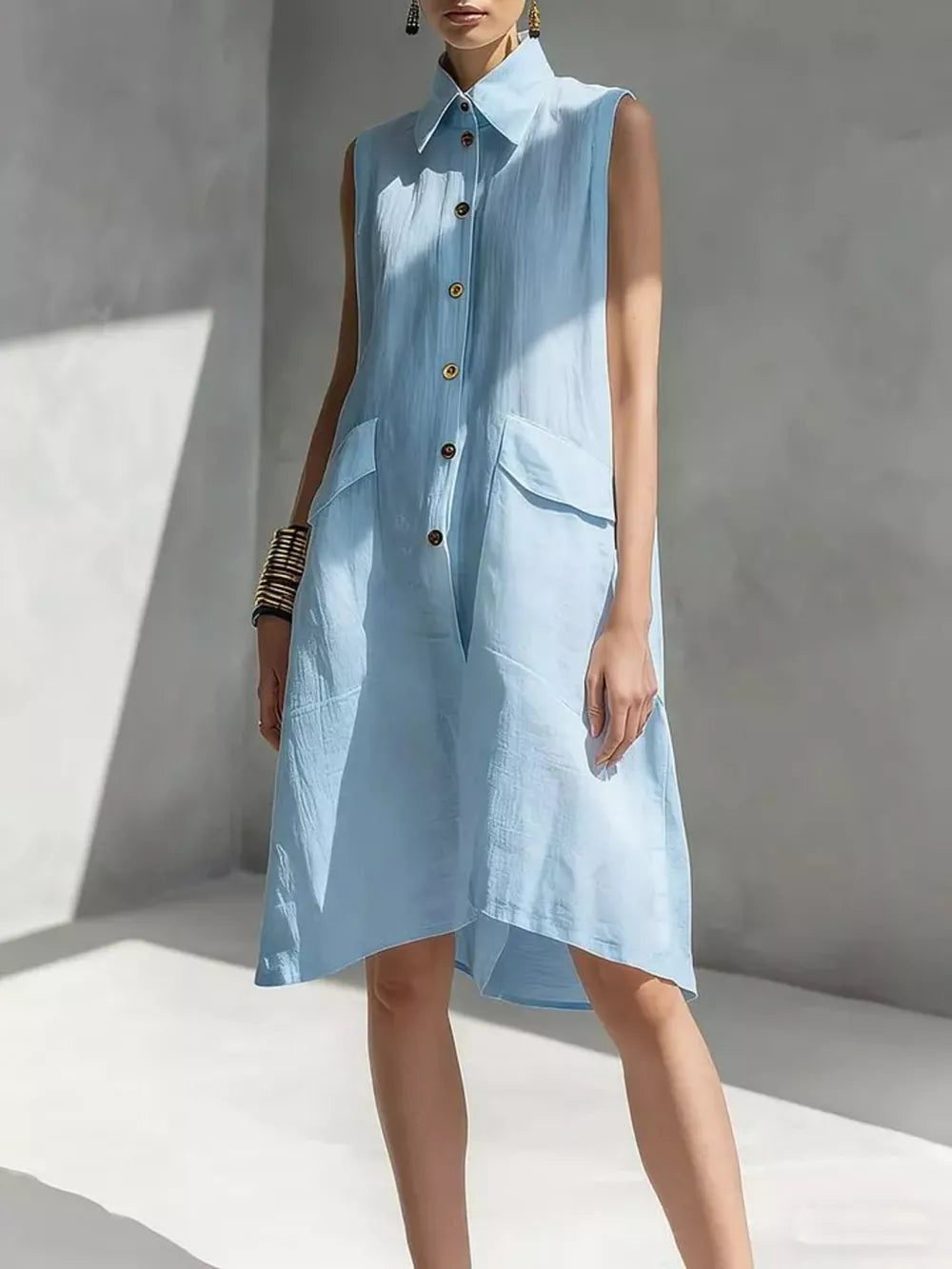 Sleeveless light blue linen collared shirt dress with button front and flap pockets