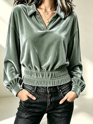 Velvet Johnny Collar Long Sleeve Blouse in Apricot with smocked
