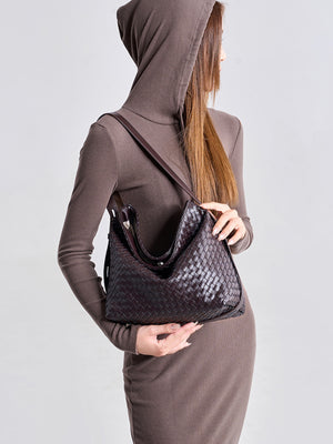 handbag in dark brown featuring woven texture and slouchy fit