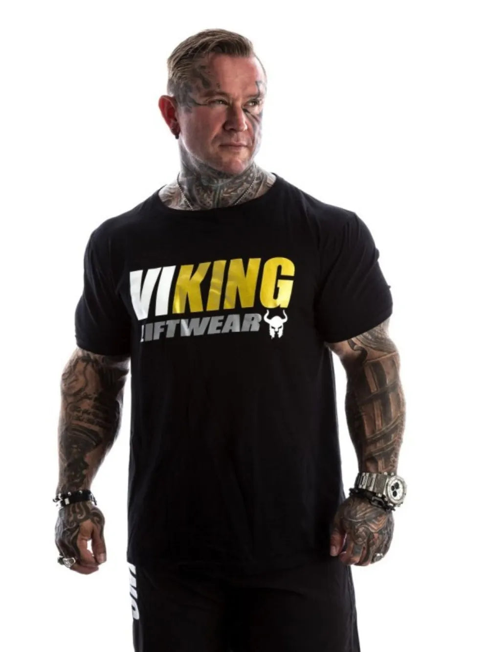 Black graphic t-shirt with white and gold Viking Liftwear print on the front.