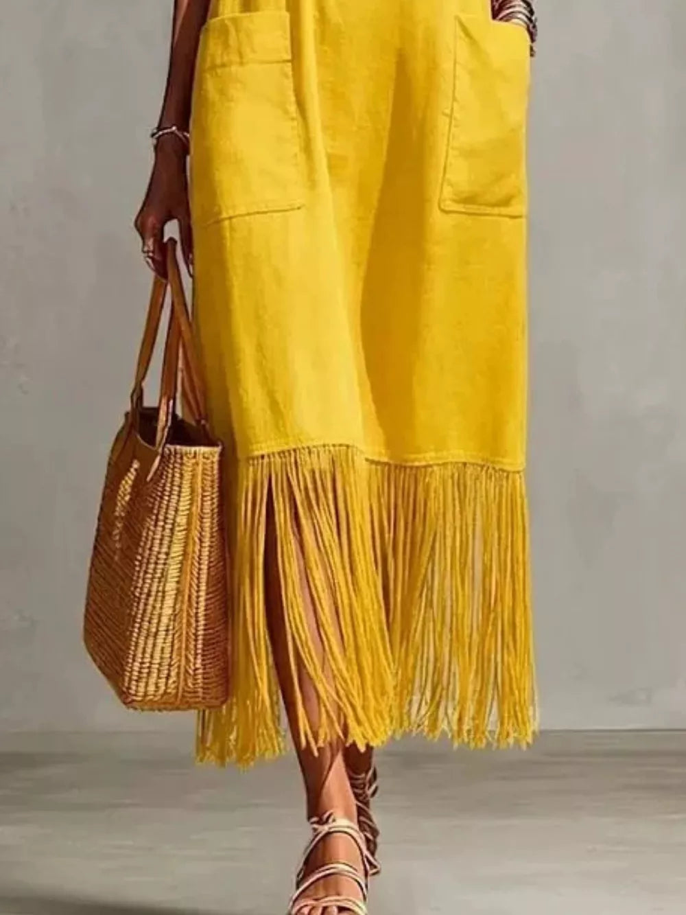Full Size Fringe V-neck Spaghetti Strap Dress in Red with pocketed