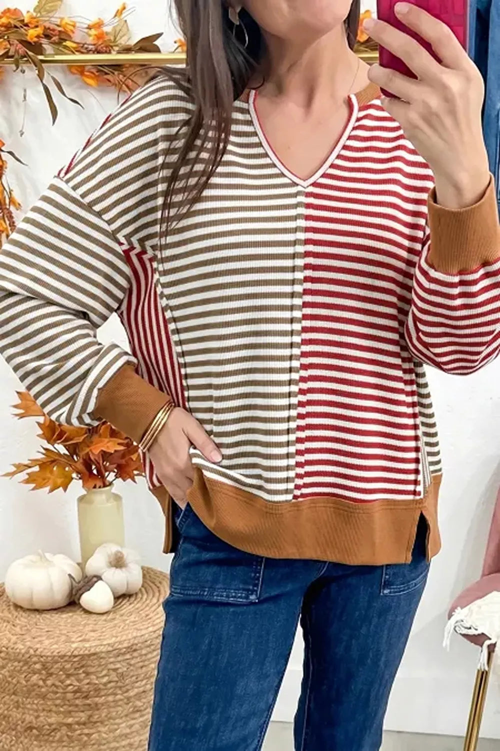 Multicolor Colorblock Striped V-neck Top