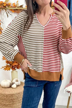 Multicolor Colorblock Striped V-neck Top