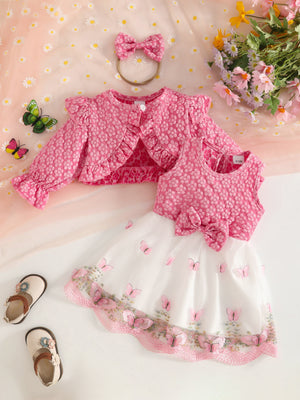 hot pink dress with floral,butterfly-print and round neck