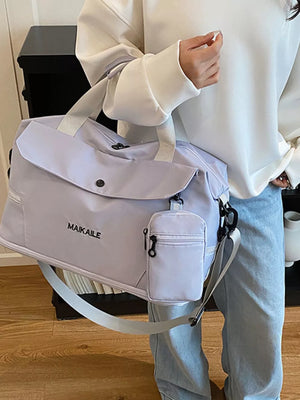Light purple duffel bag with MAIKAILE logo and detachable pouch
