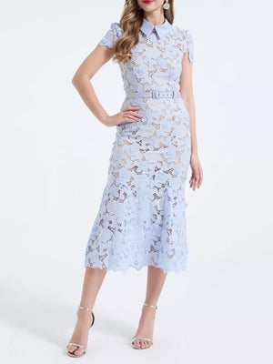 Sky blue floral lace midi dress with belt, collar, and short sleeves.
