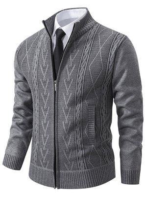 Beige cardigan with hip-length and zip-front