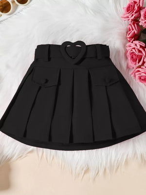 Black pleated baby skirt with heart buckle belt and pocket details