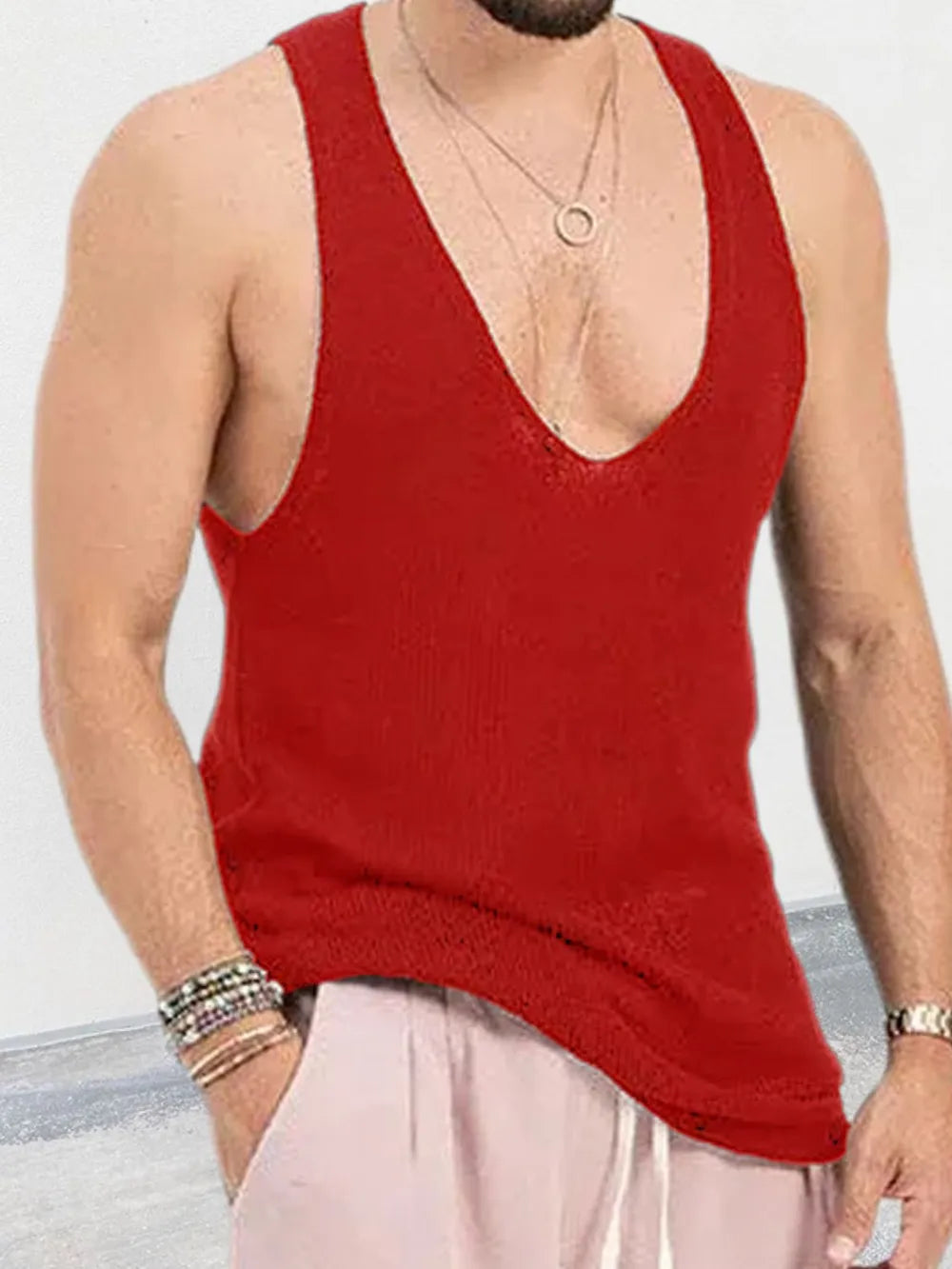 Deep Red knit tank top for him with deep V-neck and textured knit detail.