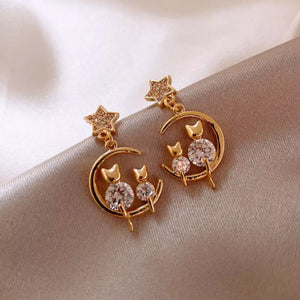18K Gold-Plated, Alloy, Rhinestone, Cat&amp earrings in clear with dangle silhouette