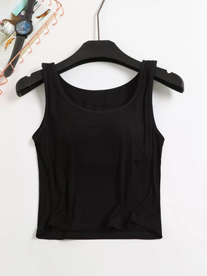 Black modal padded tank top with scoop neckline and adjustable straps.