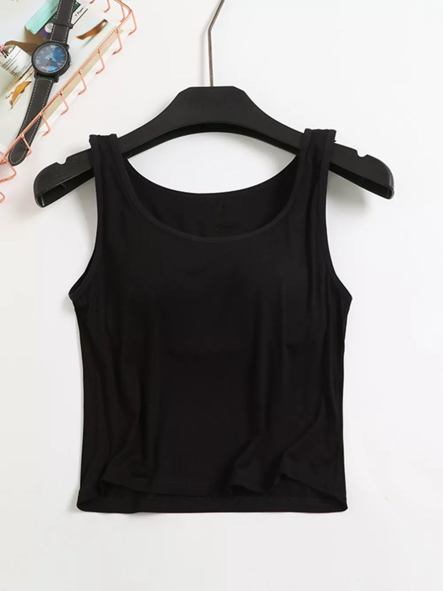 Black modal padded tank top with scoop neckline and adjustable straps.