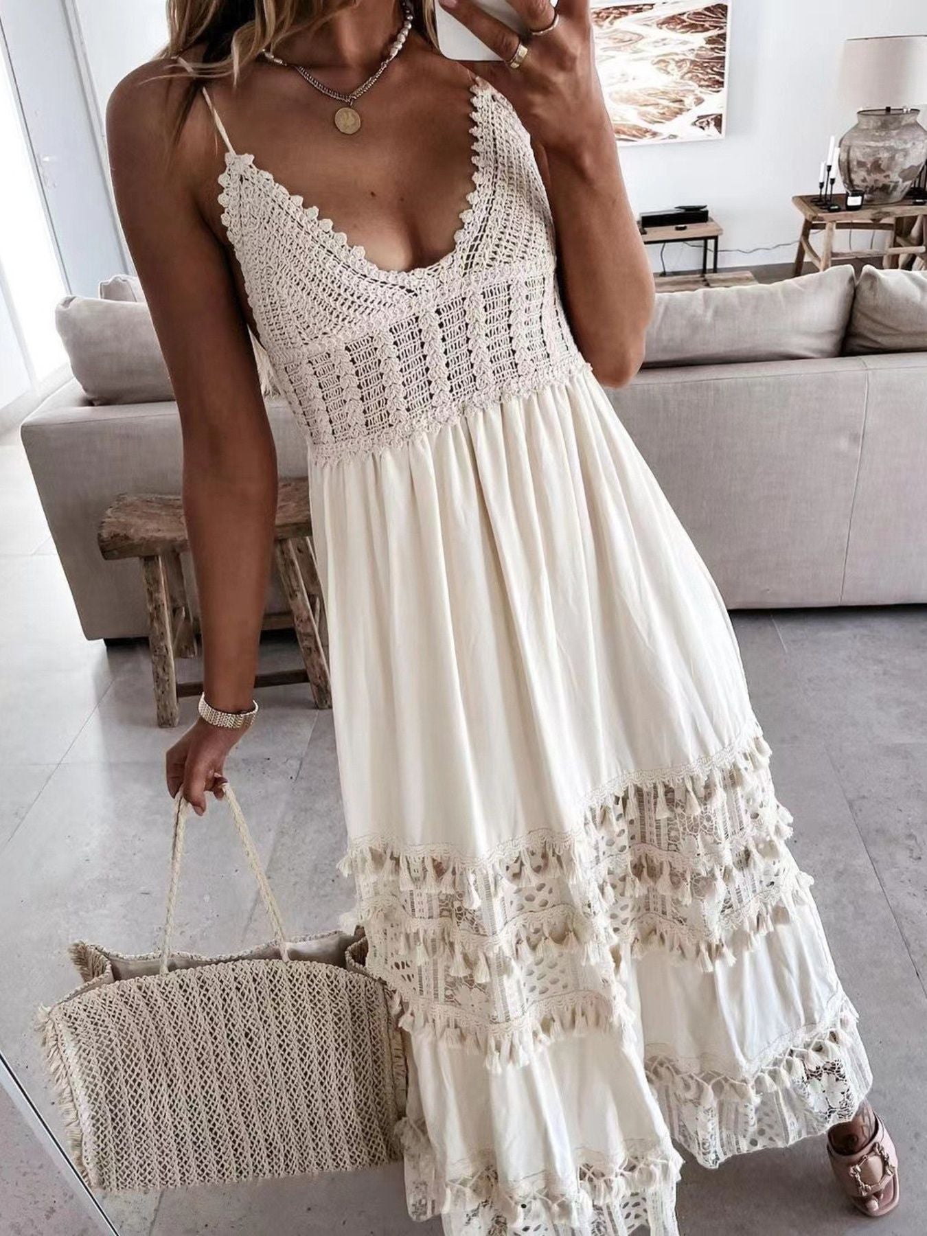 White crochet cami dress with tassels and lace trim, spaghetti straps, V-neck