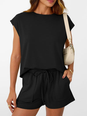 Black round neck cap sleeve top and drawstring shorts loungewear set