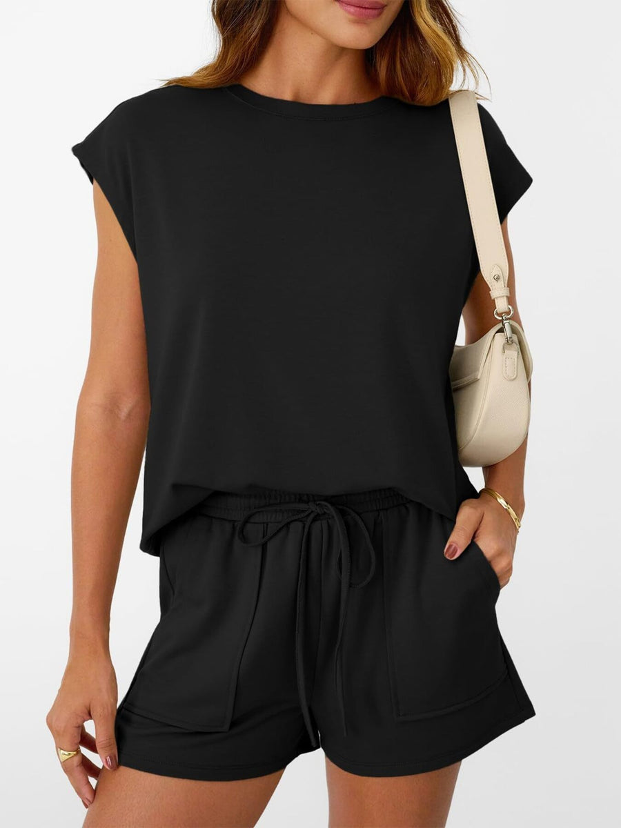 Black round neck cap sleeve top and drawstring shorts loungewear set
