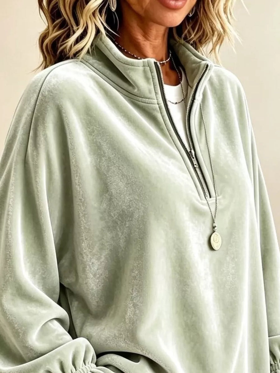 Velvet Quarter-zip Sweatshirt With Ruffled Cuffs in burgundy with ruffled cuffs