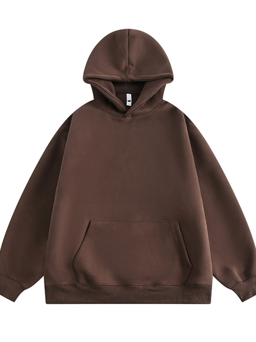 Brown long-sleeve hoodie with front pocket and drawstring hood.
