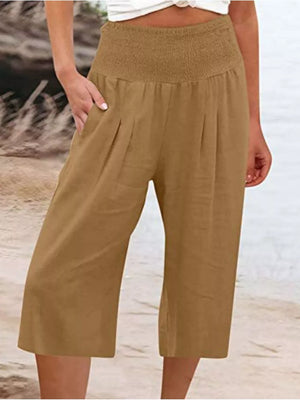 Brown linen blend cropped pants with smocked waist and side pockets