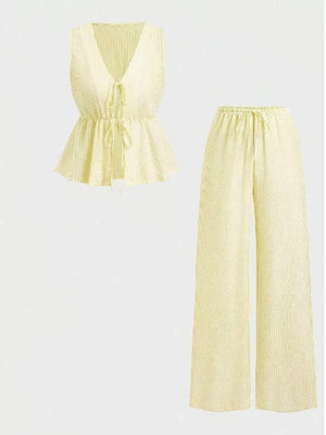 Grey Striped Tie-front Sleeveless Top And Pants Set