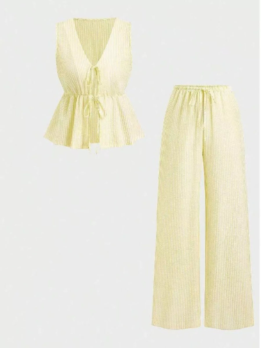 Grey Striped Tie-front Sleeveless Top And Pants Set