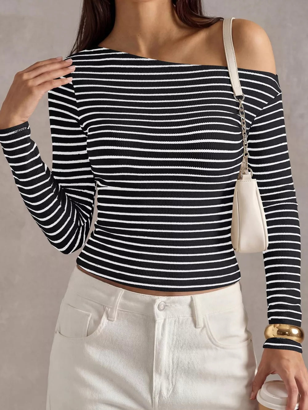 black t-shirt with striped and off-shoulder