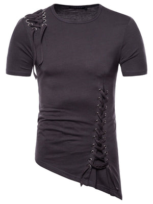 Dark gray cotton t-shirt with asymmetric hem and lace-up details on shoulder and side.