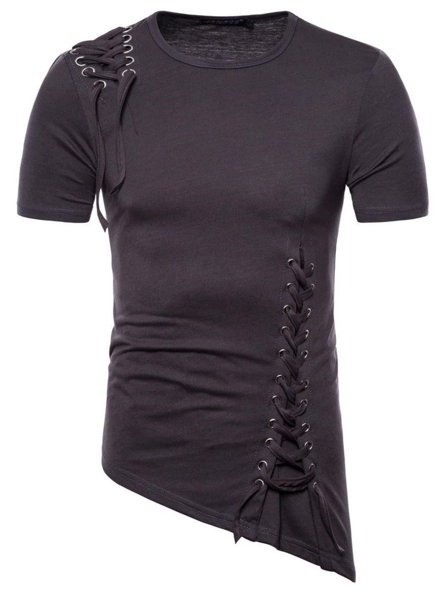 Dark gray cotton t-shirt with asymmetric hem and lace-up details on shoulder and side.