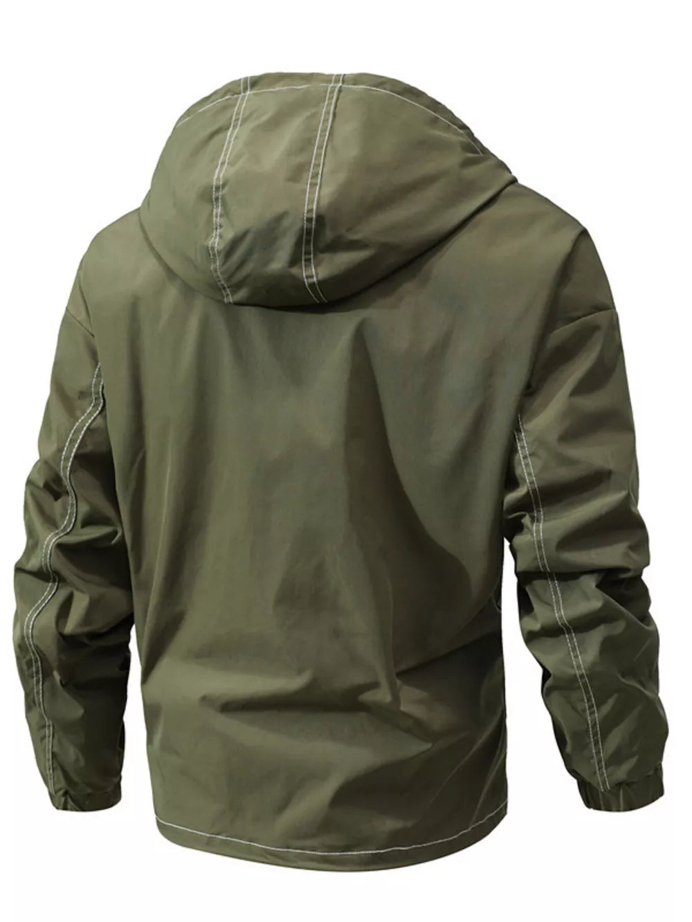 Green hooded jacket with contrast stitching, long sleeves, and elastic cuffs.
