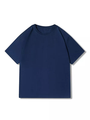 Navy blue 100% cotton crew neck t-shirt with short sleeves.