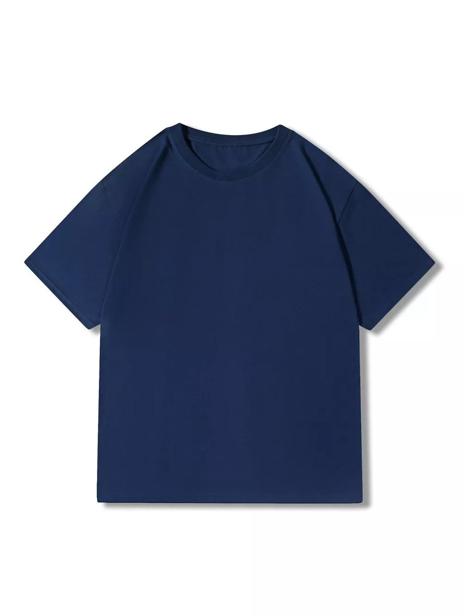 Navy blue 100% cotton crew neck t-shirt with short sleeves.