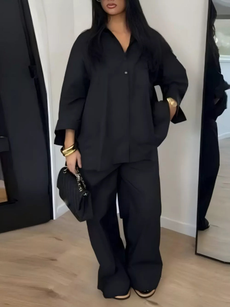navy blue two-piece set with wide-leg and long sleeve